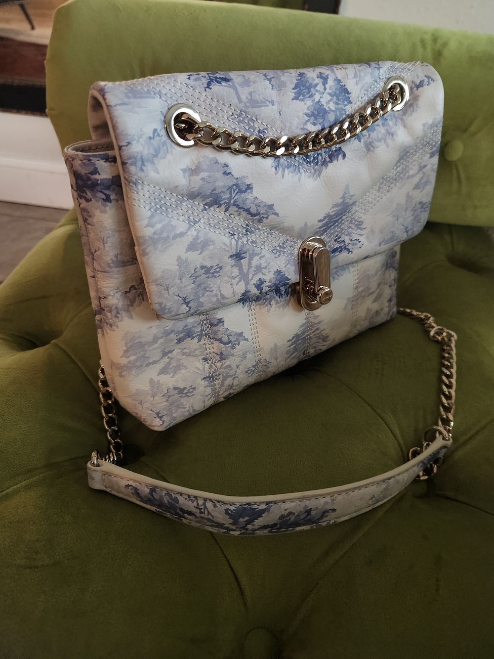 Ted Baker Blue and White Toile Print Cross Body Bag w/silver accents